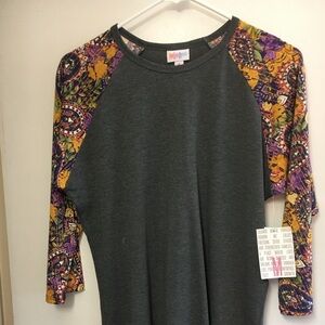LuLaRoe Gray Top with Vibrant Multicolor Sleeves